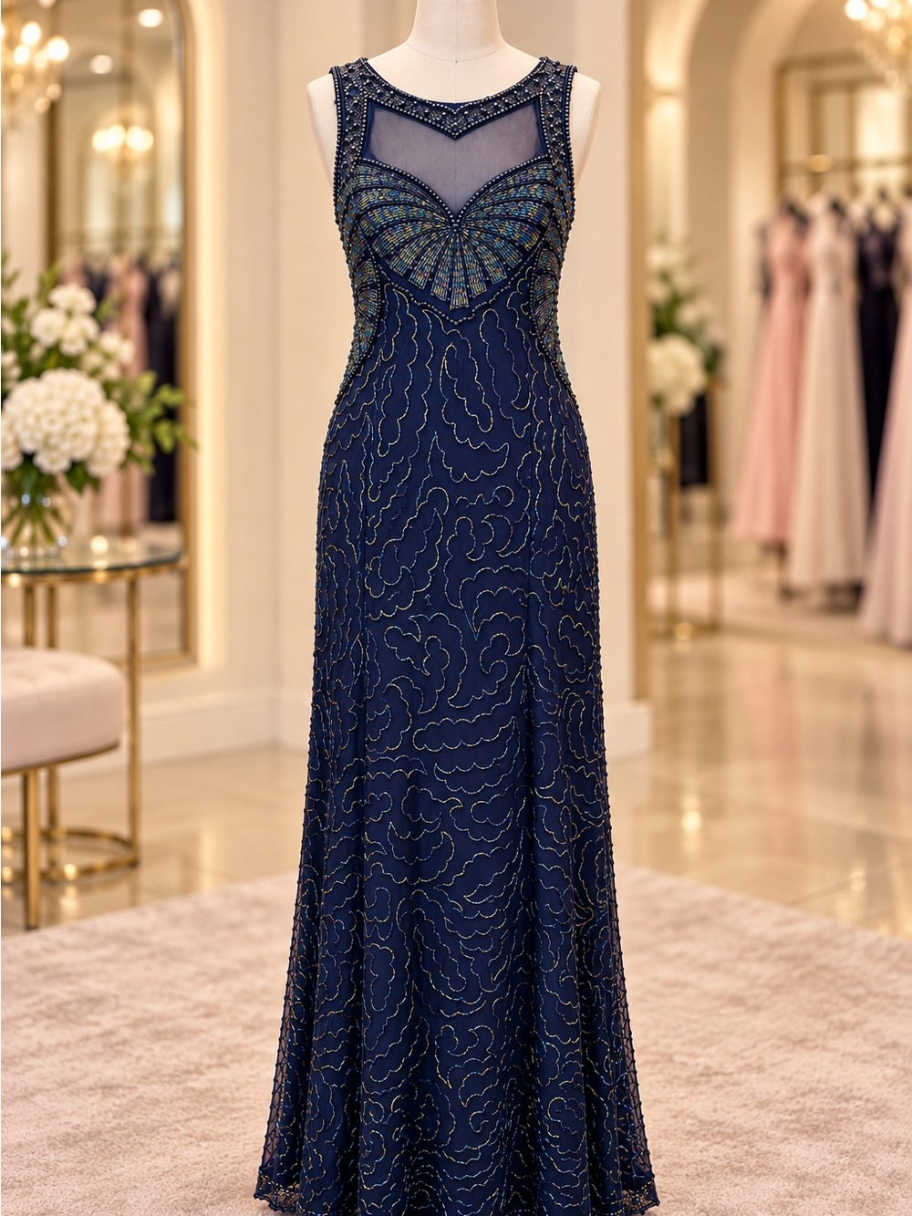 Navy Beaded Evening Gown - Elegant Sleeveless Formal Dress